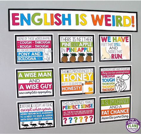 7 Tips for Decorating English Classrooms for Teens | SECONDARY SARA English Middle School, English Is Weird, English Bulletin Boards, Ela Bulletin Boards, Middle School Bulletin Boards, English Classroom Posters, Middle School English Classroom, English Classroom Decor, High School English Classroom