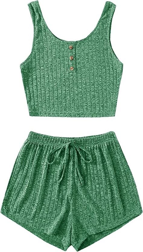 Womens Lounge Set, Ribbed Knit Tank Top, Tank Top And Shorts, 2 Piece Short Set, Shorts Pajama Set, Pajamas Comfy, Knit Tank Top, Scoop Neck Top, Comfortable Tops