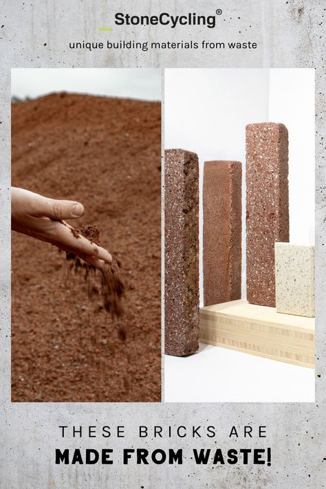 WasteBasedBricks® - Sustainable Building Materials from Waste by StoneCycling® || #sustainability #buildingmaterial #construction #architecture #interiordesign #architect #materials #material #upcycling #recycling #stonecycling #brick Recycled Building Materials Architecture, Sustainable Building Materials Construction, New Building Materials, Recycled Materials Architecture, Eco Building Materials, Sustainable Construction Materials, Sustainable Materials Interior Design, Material Research Architecture, Biomaterials Architecture