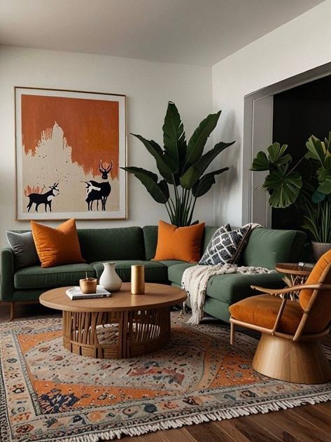 Idea For Living Room Decorating, Home Decor Green Couch, Rust Orange Interior Design, Mid Century Green Couch, Orange And Green Mid Century, Cosy Earthy Living Room, Modern Southwest Office, Dark Green And Mustard Living Room, Cognac And Green Living Room