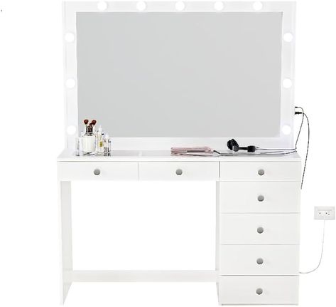 Desk For Bedroom, Glass Top Vanity, Makeup Vanity Lighting, White Makeup Vanity, Modern Makeup Vanity, Glass Top Desk, Lighted Vanity, Hollywood Lights, Painted Vanity