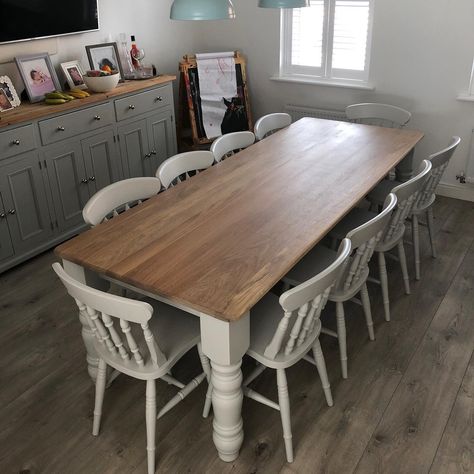 8x3ft Oak Dining Table with 10 spindle back dining chairs. Oak finish in Mist Available to order in any size and any colourway   #elyfarmhousefurniture Pine Table And Chairs, Wood Rectangular Dining Table, Pine Dining Chairs, Cornforth White, Pine Chairs, White Washed Oak, Oak Chair, Pine Table, Chair Makeover