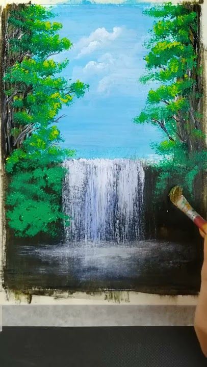 💦Waterfall painting/ Simple Acrylic Art/ #Shorts Simple And Easy Painting, Waterfall Drawing, Cloud Canvas Painting, Village Scene Drawing, Waterfall Painting, Waterfall Scenery, Painting Simple, Beach Art Painting, Waterfall Paintings