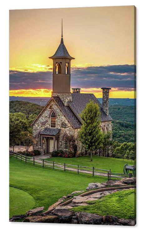 "Golden evening hues over Chapel of The Ozarks in Ridgedale, Missouri wall art print. This Chapel of the Ozarks photographic artwork is available as gallery quality prints on acid-free papers, stretched canvas, metal (aluminum), acrylic and available framing and/or matting options offered. TITLE: \"Golden Chapel Light At Top of The Rock - Ridgedale Missouri\" ARTWORK DETAILS: (LISTING IMAGES ARE FOR DISPLAY PURPOSES ONLY & ANY WATERMARKS SHOWN WILL NOT BE SHOWN ON FINAL PRINT WHICH WILL BE C Ridgedale Missouri, Chapel In The Woods, Stone Chapel, Nikon Cameras, Country Churches, Old Country Churches, Table Rock Lake, Church Pictures, Gothic Cathedrals