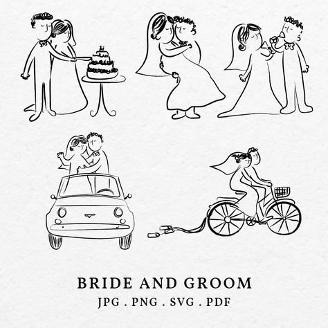 Bride And Groom Illustration, Couples Illustration, Groom Illustration, Whimsical Bride, Couples Dinner, Art Outline, Wedding Drawing, Hand Drawn Wedding, Wedding Hands