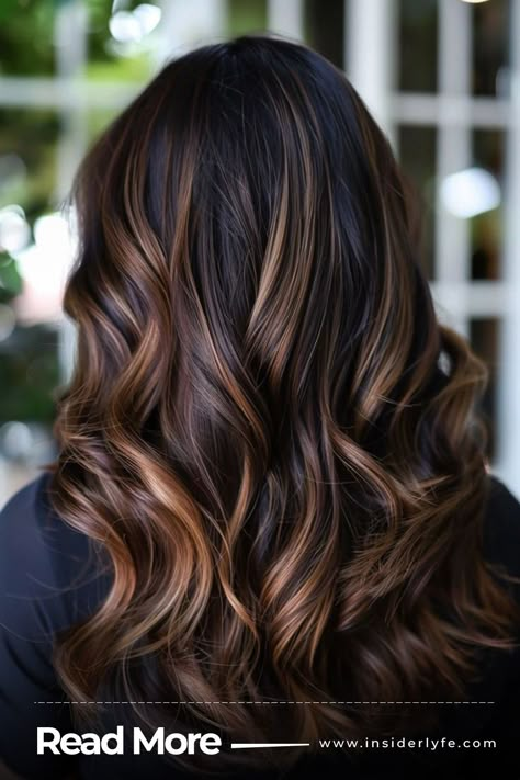 Metallic Brown Balayage Dark Brown Black Balayage, Balayage Ombre For Dark Brown Hair, Thick Balayage Highlights, Black Caramel Hair, Dark Hair With Auburn Balayage, Black Caramel Balayage, Long Hair Color Ideas For Brunettes, Partial Balayage On Dark Hair, Partial Balayage Brunettes Dark Brown