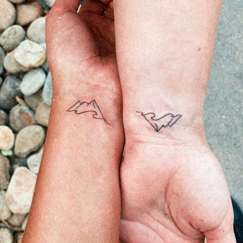 Mountain And Waves Tattoo Matching, Wave And Mountain Matching Tattoo, Camping Matching Tattoo, Best Friend Tattoos Mountains, Wave And Mountain Couple Tattoo, Tattoos For Mountain Lovers, Mountain And Wave Best Friend Tattoo, Beach And Mountain Matching Tattoo, Small Mountain Ocean Tattoo