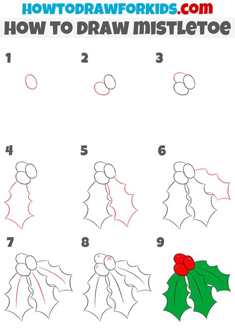 How To Draw A Mistletoe, Miseltoe Drawings Easy, Christmas Mistletoe Drawing, Step By Step Christmas Drawings, Draw Mistletoe, Brett Maverick, Mistletoe Drawing, Mistletoe Diy, English Drawing