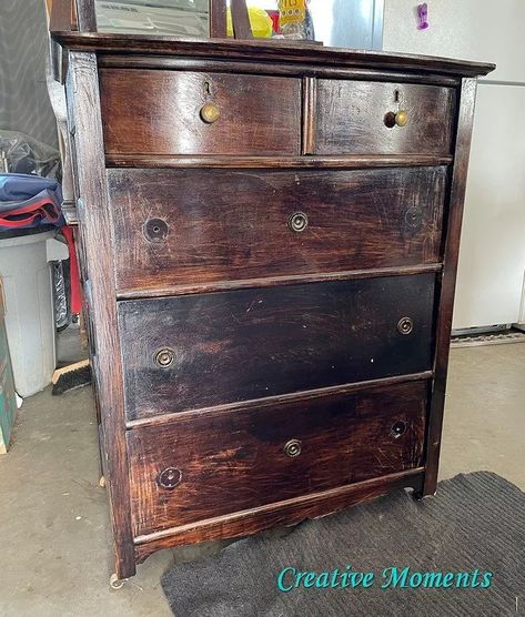 Classic and timeless are the 2 words next to gorgeous that are used for this antique dresser makeover. Do you agree? This antique dresser purchased along with this  super sweet dresser refinished in warm white are both over 100 years old and each well used over those years.It was scrubbed inside and out to remove years of build up and get all the surfaces clean using Dixie Belle white lightning cleaner in a bucket of warm water and a bit of dawn. I scrub well with… Black Antique Dresser, Antique Dresser Makeover, Dresser Upcycle, Stained Dresser, Two Tone Dresser, Repainting Furniture, Dresser Refinish, Refinish Furniture, Diy Dresser Makeover