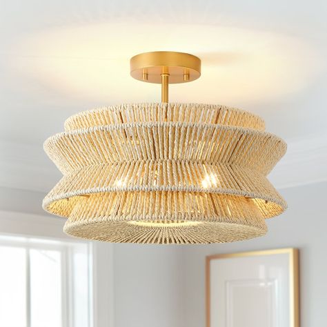 Coastal-inspired semi-flush mount ceiling light, crafted of hand-woven rattan rope drum shade and antique gold or black hardware, is the unique blend of eclectic nautical and mid-century contemporary style. Filtering the light from within, each piece creates a play of light and shadow in a room, adding an inviting ambiance. This collection can work with a variety of boho decors and even work in homes with coastal or farmhouse styling, which is an ideal selection for hallways, entryways, ... Semi Flush Mount Light, Mid Century Contemporary, Abstract Tile, Scott Living, Rattan Shades, Entryway Lighting, Rattan Pendant, 5 Light Chandelier, Drum Chandelier