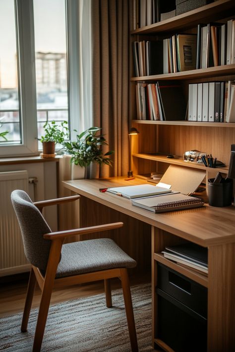 Read the guide on how to set up your home office desk to create a cozy space for studying or just to chill. Corner Desk Office Layout, Home Office Layout Plan, Cozy Office Aesthetic, Study Corner Ideas, Corner Computer Desk Ideas, Office Library Combo, Desk Set Up, Small Room Office Ideas, Mid Century Home Office