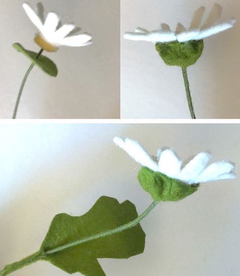 Felt Daisy Pattern, Daisy Tutorial, Diy Felt Flowers, Felt Flower Tutorial, Felt Flowers Diy, Felt Crafts Patterns, Felt Leaves, Flower Daisy, Felt Craft