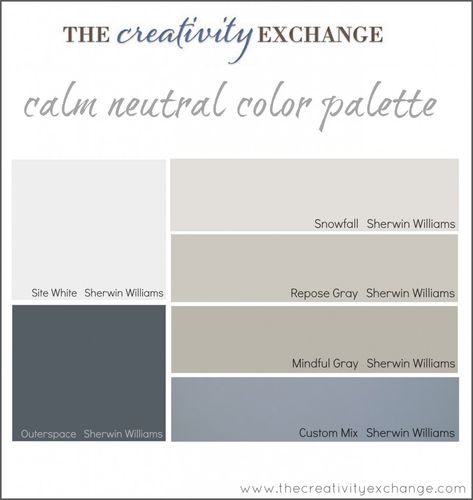 Calm, peaceful, warm blue/gray paint color palette for a room (all by Sherwin Williams): walls - Repose Gray, cabinets and desk in Mindful Gray, ceiling - Snowfall, accent colors in accessories, art, and Ikea couch - Outerspace, other accent pieces - Site White Dental Decor, The Creativity Exchange, Counselling Office, Counseling Room, Chiro Office, Dr Office, Office Redo, Optometry Office, Office Paint Colors