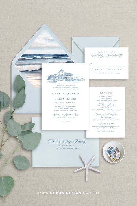 PLEASE READ... Beautiful coastal wedding invitation with a custom venue drawing of your beautiful wedding location. Add on the lovely seaside beach envelope liners to create the perfect invitation suite. I will draw your venue in the illustration style shown. I create your venue drawing by hand and then digitize it for printing.  I will need a clear photo of your venue. Curious if your photo will work? I'm happy to take a look before ordering, just reach out. Pricing includes the fee for custom venue drawing, which means that we can then use your wedding venue drawing other pieces like programs, menus, thank you cards! I love to help make your wedding stationery, a fun and easy part of your wedding planning! WHAT YOU WILL RECEIVE: * Beautiful invitations printed on high-quality, 120lb unco Elegant Coastal Wedding Invitations, Key West Wedding Invitations, Blue Wedding Invitation Suite, Beach Wedding Invitations Ideas, Coastal Wedding Ideas, Coastal Chic Wedding, Coastal Wedding Invitations, Light Blue Wedding Invitations, Beach Save The Date