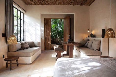 Mexico Airbnb, Casa Cook, Mexico Design, Rustic Wooden Table, Lululemon Outfits, Wooden Ceilings, Built In Bench, Quintana Roo, Private Patio