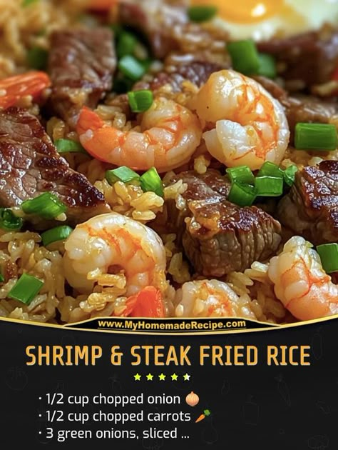 Easy and tasty recipes | Shrimp & Steak Fried Rice | Facebook Shrimp And Steak Fried Rice Recipe, Beef And Shrimp Fried Rice, Steak And Shrimp Fried Rice Recipe, Shrimp And Steak Fried Rice, Steak And Shrimp Fried Rice, Steak Fried Rice, Fried Rice Ingredients, Blt Chicken, Chicken Beer