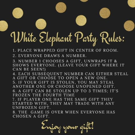 White Elephant Instructions, White Elephant Gift Rules, White Elephant Rules Printable, White Elephant Rules Christmas, Elephant Party Food, White Elephant Game Rules, White Elephant Gift Exchange Rules, White Elephant Rules, Galentines Brunch