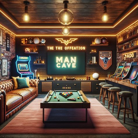 An inviting blend of luxury and excitement, this man cave features a plush leather couch with a flat-screen TV. Catch thrills with the arcade machine and billiards table. Vintage novelty accents fill the room with nostalgia. The wooden bar serves as the exciting centerpiece stocked with drinks. #ManCave #InteriorDesign #HomeImprovement #GameRoom #LoungeDecor #BarDesign Arcade Man Cave, Classic Billiard Room, Vintage Arcade Games, Cabin Gameroom, Speakeasy Decor Bar, Man Cave Ideas Room, Teen Lounge Rooms, Dream Man Cave, Best Man Caves