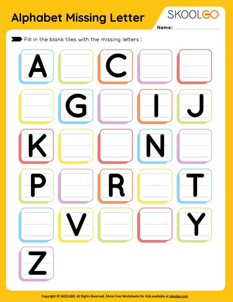 Alphabet Missing Letter - Free Worksheet for Kids - SKOOLGO Activity Sheet For Kindergarten, Write Missing Alphabet Worksheet, Alphabet Missing Letters, Nursery Alphabet Worksheet, Alphabet Fun Activities, Worksheets For Alphabets, Free Preschool Worksheets Pdf, Alphabet Missing Letter Worksheet, Missing Letters Worksheet Free Printable