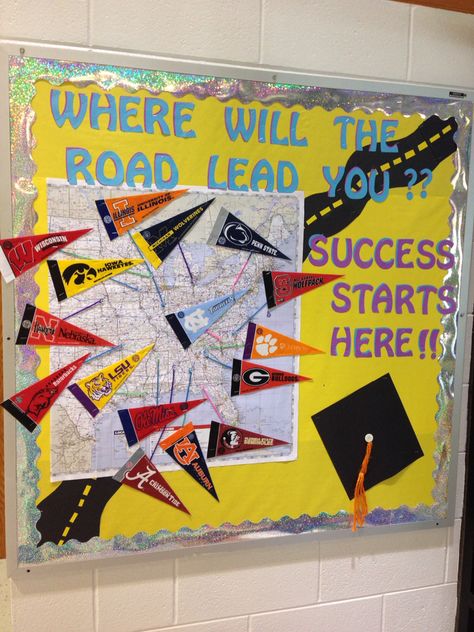 Career Bulletin Boards Middle School, College Go Week Bulletin Boards, College Themed Bulletin Boards, College Counseling Bulletin Boards, Career Bulletin Boards Elementary, College Acceptance Bulletin Board, Avid Bulletin Boards Middle School, Avid Bulletin Boards, College And Career Bulletin Board