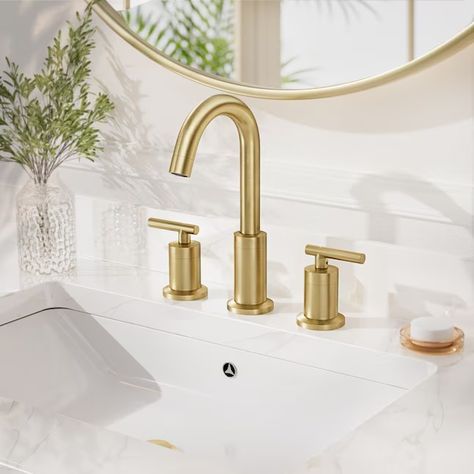 Phiestina Brushed Gold Widespread 2-Handle Bathroom Sink Faucet with Drain and Deck Plate in the Bathroom Sink Faucets department at Lowes.com Gold Faucet Bathroom Ideas, Brushed Gold Bathroom Fixtures, Brushed Brass Bathroom Fixtures, Gold Hardware Bathroom, Gold Faucet Bathroom, Bali Bathroom, Bathroom Sink Fixtures, Gold Bathroom Fixtures, Bathroom Sink Faucets Brushed Nickel