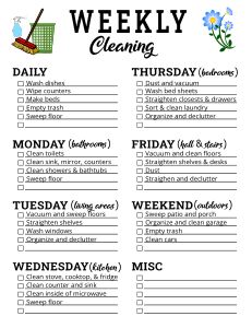 Printable Cleaning Schedule (Spring, Daily, & Weekly Checklists) – DIY Projects, Patterns, Monograms, Designs, Templates Spring Cleaning Schedule Free Printable, Printable Weekly Cleaning Schedule Free, Clean House Checklist Weekly, Schedule For House Cleaning, Routine Cleaning Schedule, 7 Day Cleaning Schedule, House Chores List Cleaning Routines Free Printable, Weekly Household Cleaning Schedule, Easy Daily Cleaning Schedule