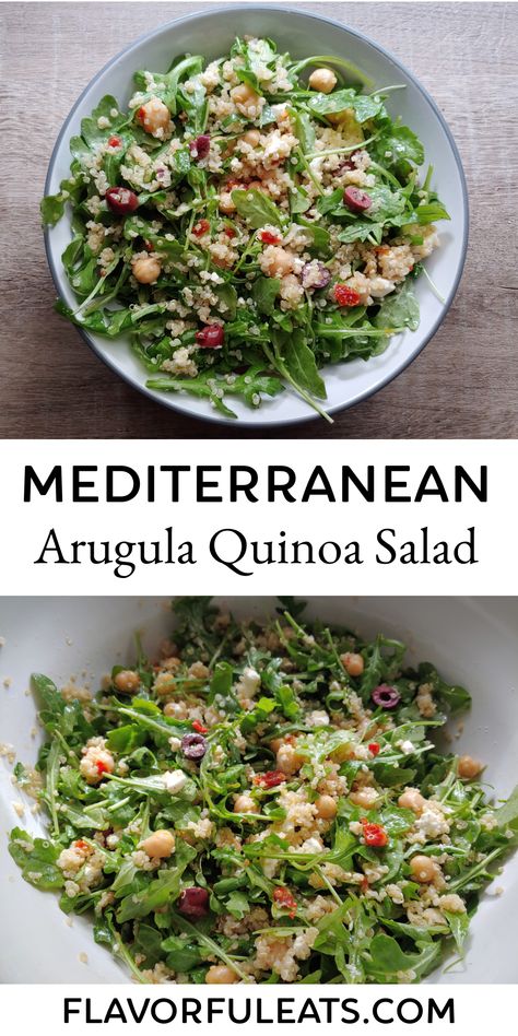 Flavor-packed Mediterranean ingredients like kalamata olives and feta cheese combined with arugula, chickpeas and quinoa all tossed in a homemade sun-dried tomato vinaigrette makes Mediterranean Arugula Quinoa Salad a delectable, healthy salad that’s a perfect summertime meal or BBQ side dish. Mediterranean Ingredients, Mediterranean Vegan, Tomato Vinaigrette, Bbq Side Dish, Dairy Free Salads, Bbq Side, Yummy Salads, Side Dishes For Bbq, Quinoa Salad Recipes