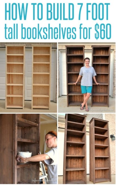 Build 7' tall bookshelves for only $60! How To Make Bookshelves, Diy Bookshelf Plans, Bookcase Plans, Tall Bookshelves, Diy Muebles Ideas, Bookshelf Plans, Diy Tumblr, Building Furniture, Bookshelves Diy