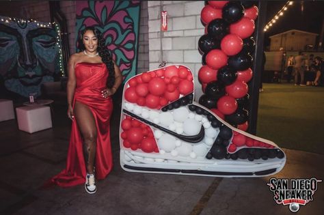 Sneaker Gala Party Outfit Ideas, 18th Birthday Sneaker Ball, Jordan Year Birthday Party Ideas, Red Carpet Sneaker Ball, 30th Birthday Sneaker Ball, Sweet 16 Sneaker Party Ideas, Jordan Balloon Decor, Jordan Decorations Birthday Parties, Jordan Birthday Outfits