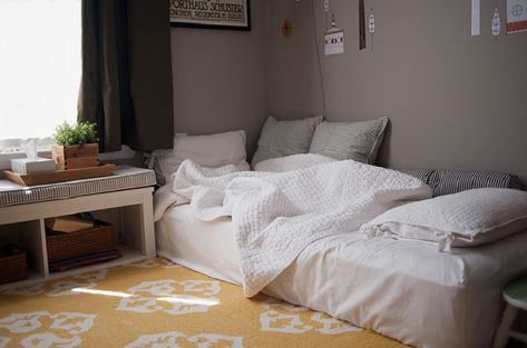 Can You Put a Mattress Directly on a Floor? | Memory Foam Talk Beds On Floor Ideas, Bed On The Floor, Pink Baby Room, Floor Bed Frame, Mattress On Floor, Bilik Tidur, Floor Bed, Floor Ideas, Cozy Bedroom