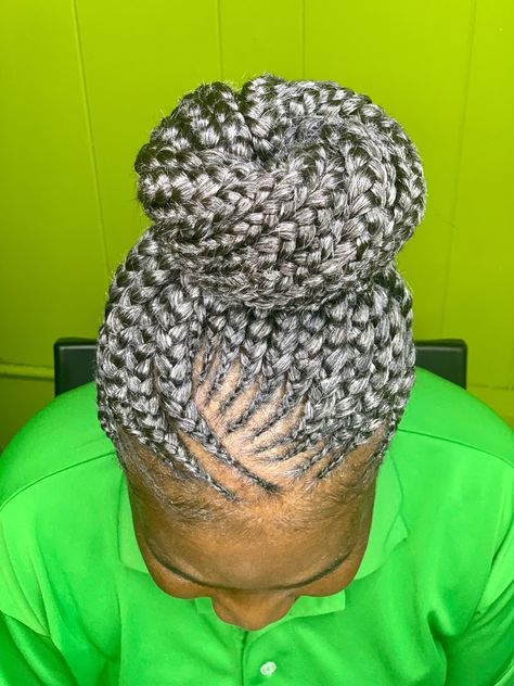 Braids With Grey Highlights, Sista Locks, Corn Roll Hair Styles, Grey Braids, Crochet Braids Hairstyles Curls, Grey Hair Braids, Braided Bun Styles, Slade Wilson, Braided Mohawk Hairstyles