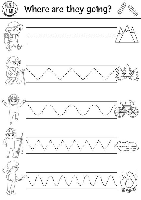 Camping Tracing Sheets, Camping Worksheets Free Printable, Camping Week Activities For Kids, Camping Fine Motor Activities, Mountain Activities For Kids, Camping Worksheets For Preschool, Camping Worksheets For Kids, Campfire Classroom, Camping Preschool Activities