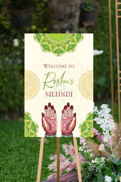 Green Welcome Sign Board For Mehndi Mehendi Banner Design, Mehendi Sign Boards, Mehndi Banner Design, Telugu Wedding Invitation Card, Mehendi Welcome Board, Mehndi Welcome Board, Haldi Welcome Board, Mehendi Invitation, Green Welcome Sign