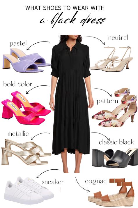 what shoes to wear with a black dress Neon Prom Dresses, Sparkly Prom Dress, Below The Knee Dresses, Strapless Prom Dress, Color Shoes, Grunge Dress, Wear To Work Dress, Black Tie Dress, Black Dress Shoes