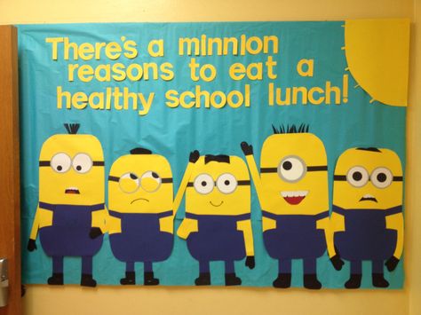 School cafeteria                                                                                                                                                     More School Cafeteria Decorations, Cafeteria Bulletin Boards, Nutrition Bulletin Boards, Cafeteria Decor, School Lunchroom, School Cafe, School Nutrition, Gym Nutrition, School Doors