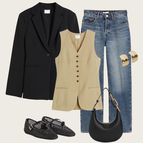 Tapered-waist twill blazer - Black … curated on LTK March Outfits, Gilet Costume, Transition Outfits, Virtual Stylist, Save For Later, Minimal Style, Blazer Black, Comfy Fashion, Autumn Outfit