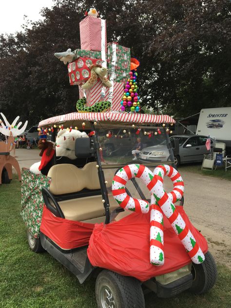 Christmas in July at Strawberry Park Christmas In July Decorations, Golf Cart Decorations, Christmas Parade Floats, Christmas Golf, Christmas Float Ideas, Operation Christmas Child, Parade Float, Christmas Tree Garland, Christmas Parade