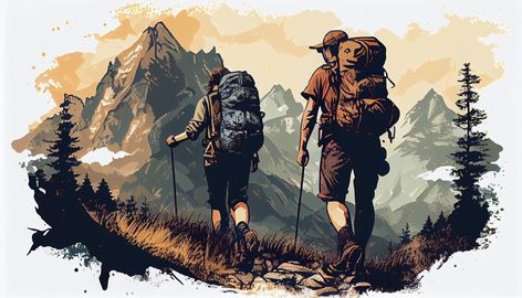 Premium AI Image | Couple of hikers with backpack Generate Ai Adventure Graphic Design, Hiking Logo, Best Hd Background, Adventure Wallpaper, Climbing Art, Adventure Logo, Image Couple, Bushcraft Gear, Mountain Sunset