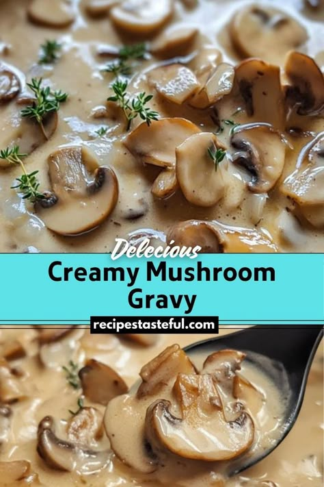 This Creamy Mushroom Gravy is a rich, savory sauce made with sautéed mushrooms, onions, and garlic. Perfect for drizzling over mashed potatoes, meat, or vegetables, it adds a delightful touch of gourmet flavor to any meal. Mushroom Onion Gravy Recipe, Cream Of Mushroom Gravy Recipe, Mushroom Gravy Recipe Easy, Mashed Potatoes And Gravy Recipe, Gravy Sauce Recipe, Mushroom Onion Gravy, Creamy Mushroom Gravy, Thanksgiving Meal Plan, Mashed Potatoes And Gravy