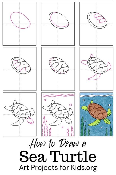 Learn how to draw a Sea Turtle with an easy step-by-step PDF tutorial. #howtodraw #tutorial #drawing #drawingtutorial #arttutorial #artprojectsforkids #howtodrawforkids #seaturtle Step By Step Sea Turtle Drawing, How To Draw Sea Turtle Step By Step, How To Draw A Turtle Step By Step, Turtle Directed Drawing, How To Draw A Sea Turtle, How To Draw A Turtle, Sea Turtle Doodle, How To Draw Turtle, Easy Turtle Drawing