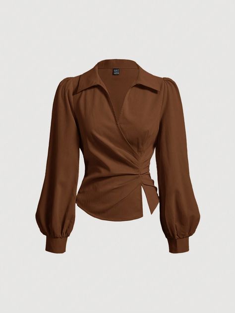 Women's Spring & Summer Solid Color Lantern Sleeve Ruched Waist Split Hem Commuter Blouse Brown Elegant  Extra-Long Sleeve Woven Fabric Plain Top Non-Stretch  Women Clothing, size features are:Bust: ,Length: ,Sleeve Length: Long Sleeves Tops For Women, Simple Shein Outfits, Baggy Tops For Women, Blouse Women Outfit, Best Tops For Large Bust, Tops For Women Design, Cute Shein Clothes, Soft Summer Clothes, Shein Blouse