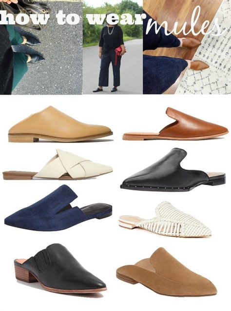 how to wear mules - styling mules shoes outfits and sharing some cool slides. How To Style Mules Flats, Outfit With Mules Flats, Summer Mules Outfit, How To Wear Mules Outfits, Womens Mules Outfit, Mules Shoes Outfit Fall, Shoe Drawing Ideas, Mules With Jeans, Heel Mules Outfit