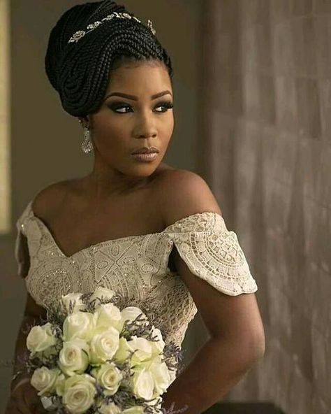 Chic And Flattering Braided Hairstyles For The Modern And Fashionable Bride – FashionGHANA.com: 100% African Fashion Nigeria Bridal Hairstyles, Updo Box Braids Hairstyles Black Women, Feminine Braids, Bridal Braids Black Women, Box Braids Wedding Hairstyles, Braids For Brides, Braids For Wedding, African Wedding Hairstyles, Box Braids Updo