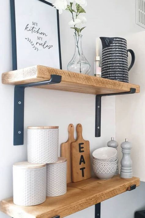 Create your dream coffee corner with rustic shelves made right here in the UK. Chunky timber selected for its quirk and charm are transformed in our British workshop to add smart storage solutions to your space. #rusticshelves #chunkyshelves #shelfie #rusticstyling #kitchenstyling Industrial Shelving Kitchen, Decorative Kitchen Shelves, Kitchen Shelves With Brackets, Kitchen Empty Wall Ideas, Open Shelf Kitchen Ideas, Kitchen Shelf Ideas, Wood Shelf Decor, Scaffold Board Shelves, Kitchen Shelf Decor Ideas