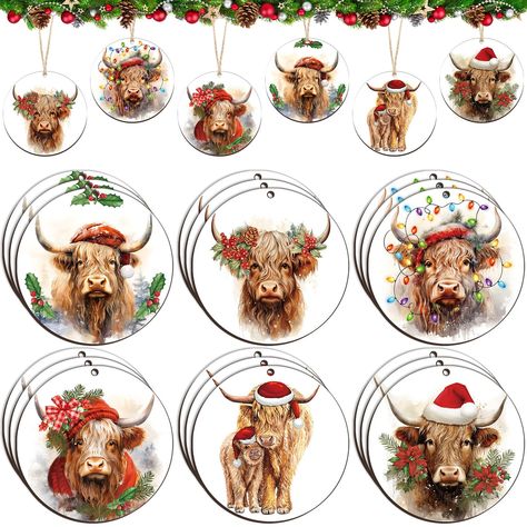 PRICES MAY VARY. Amount of Packaging: the package includes 24 pieces of Christmas coo highland cow ornaments in 6 styles, the adequate quantity can satisfy your creative decoration demands; The package comes with 24 pieces of jute ropes, convenient for you to hang the ornaments anywhere About Size Information: each wooden coo highland cow ornament measures approx. 3.15 x 3.15 inches/ 8 x 8 cm, equipped with ropes for you to hang, proper size for you to use in your DIY projects, lightweight and e Highland Cow Christmas Ornament, Highland Cow Christmas Tree, Cow Themed Christmas Tree, Highland Christmas, Highland Cow Christmas, Cow Ornaments, Cow Christmas, Cow Decor, Farmhouse Christmas Tree