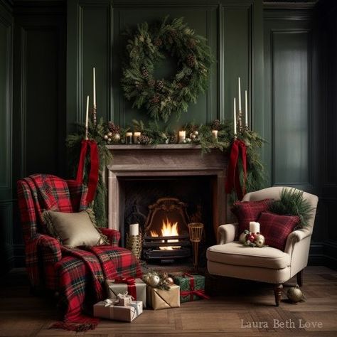 Dishfunctional Designs: Decorating With Christmas Tartans & Plaids For The Holidays Christmas By The Fireplace, Ralph Lauren Inspired Christmas Decor, Ralph Lauren Ski Lodge, Heritage Christmas Decor, Ralph Lauren Christmas Decor Holidays, Scottish Christmas Aesthetic, Red Plaid Christmas Decorations, Ralph Lauren Christmas Aesthetic, Black Watch Plaid Christmas