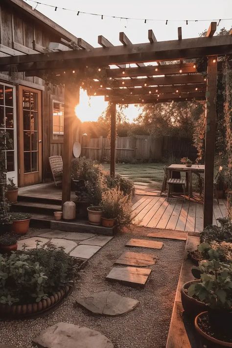 Earthy Outdoor Patio, Intimate Patio Ideas, Farm Front Porch Ideas, Farm Deck Ideas, Side Yard Patio Seating Areas, Rustic Back Patio Ideas, Modern Farmhouse Landscaping Backyards, Backyard Paver Pathway Ideas, Home With Backyard