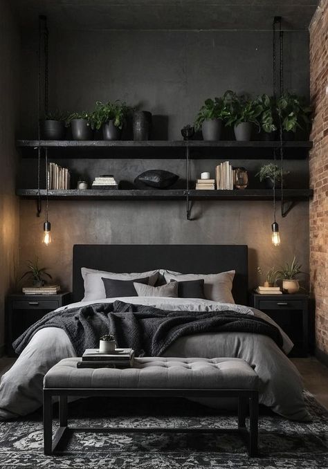 Concrete Interiors Bedroom, Matte Black Bedroom Ideas, Mens Room Asthetics, Contemporary Industrial Bedroom, Masculine Bedroom White Walls, Bedroom Ideas For Men Plants, Black And Grey Bedroom Aesthetic, Black Brick Bedroom, Dark Minimalist Interior