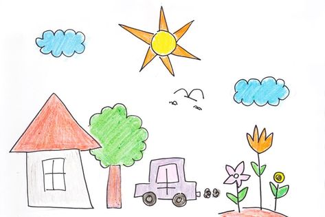 Home Drawing For Kids, Childish Painting, Child Painting, Coloring Painting, Drawing Kids, Crayon Drawings, Sun Illustration, Childrens Drawings, House Drawing