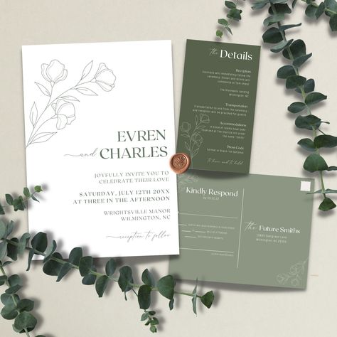 "ENJOY 60% OFF WHEN YOU ORDER 3 OR MORE ITEMS. Discount applied automatically at checkout. DESCRIPTION This minimal sage green boho wedding invitation set is the perfect, modern design for your special day! This 3 piece set is easy to edit, customize, and truly make it your own.  Shop matching items here: https://www.etsy.com/shop/NewlywedPrints?ref=seller-platform-mcnav&search_query=Botanical   DIY TEMPLATE This is an editable template that you edit yourself on Canva.  After you purchase your stationary, you will receive a PDF with links to Canva. Canva is an online application editor. There you are able to customize all of your details right from your computer. THE BEST NEWS: no software is needed AND no fonts need to be downloaded!  Please use a computer or laptop ONLY when editing to m Simple Green Invitation, Green And Beige Wedding Invitations, Leafy Wedding Invitations, Moss Green Wedding Invitation, Simple Green Wedding Invitations, Green And Cream Wedding Invitations, Green Floral Wedding Invitations, Simple Modern Wedding Invitations, Wedding Invites Green